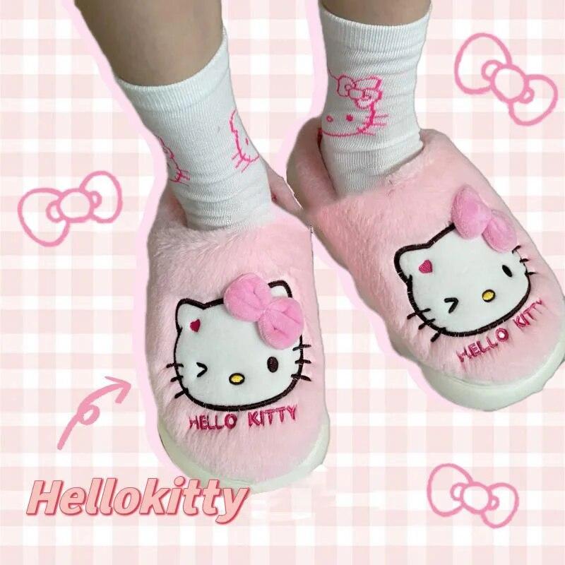 Sanrioed 헬로키티 만화 귀여운 하이 페이스 값 미끄럼 방지 따뜻한 홈 슈즈, 귀여운 소녀 하트 면 슬리퍼, 소녀 휴일 선물