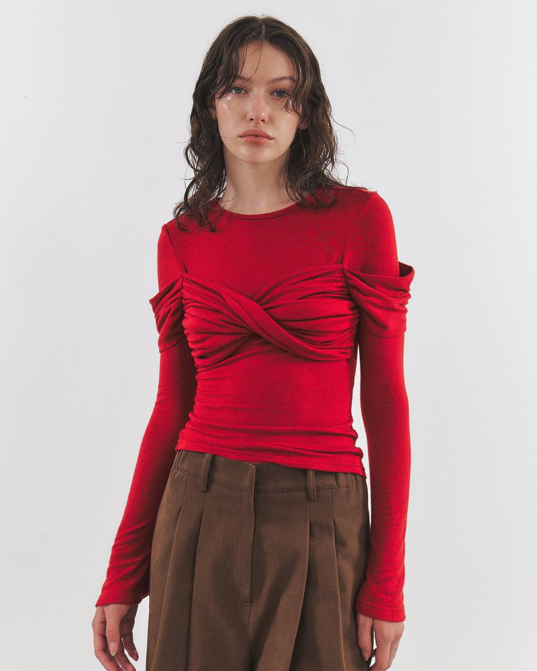 SHIRRING POINT LAYERED WOOL T-SHIRT