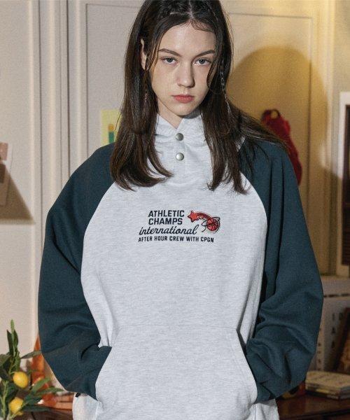 ATHLETIC CHAMPS 레글런 스냅 후드티 멜란지그린