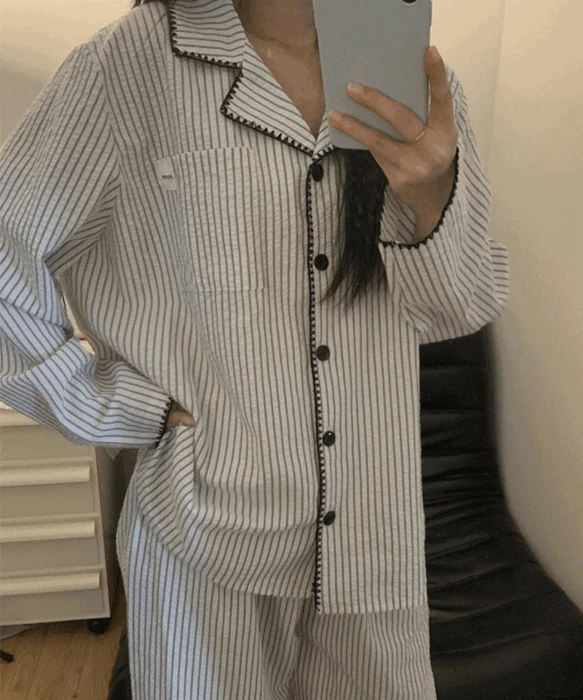 라리리 긴팔 스티치블랙 잠옷 상하세트 (4032)