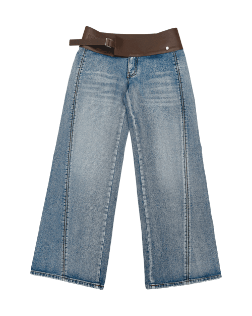WASHED DENIM BELT PANTS (BLUE)