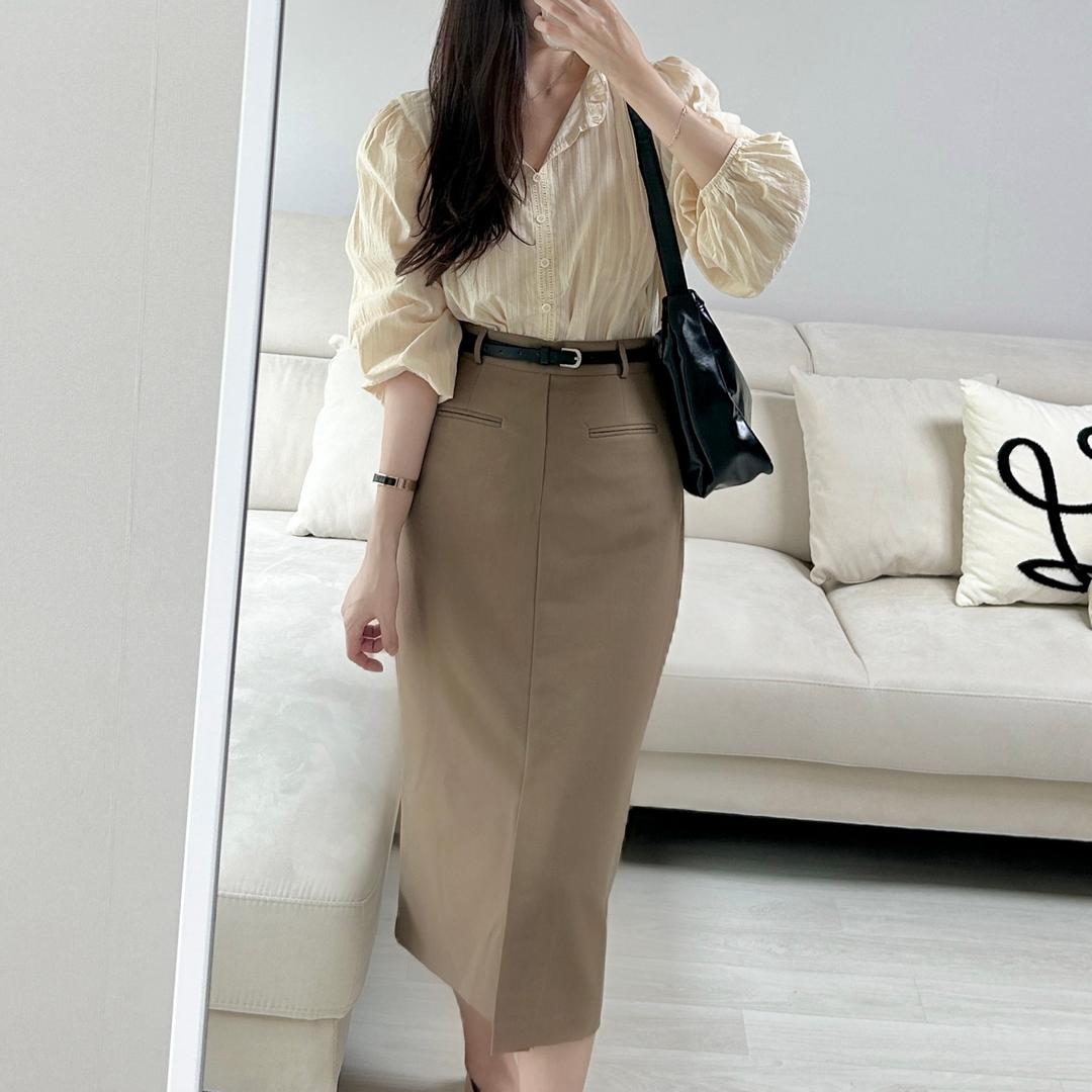 앞트임스커트 H라인롱스커트 벨트스커트