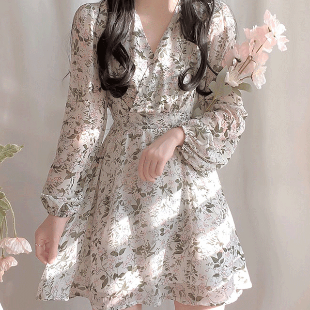 [여성스러움] 잎새 플라워 잔꽃 패턴 브이넥 쉬폰 리본 플레어 원피스