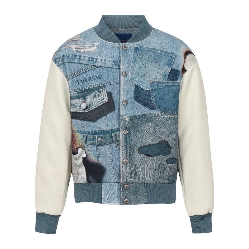 American Street Style Denim Printed Sandwich Cotton Baseball Jacket - Blue / S