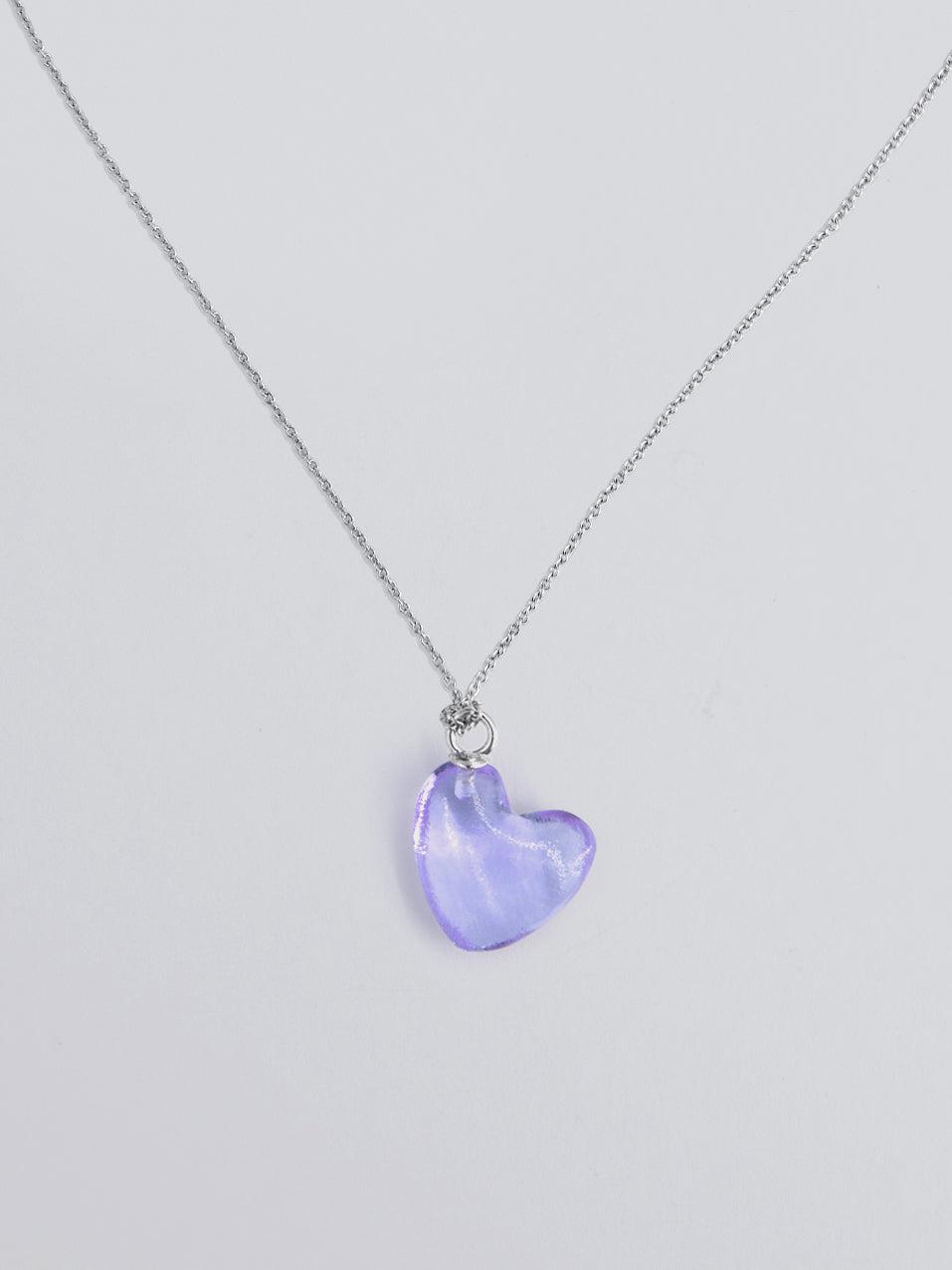 Purple Glass Heart Necklace - Metal chain