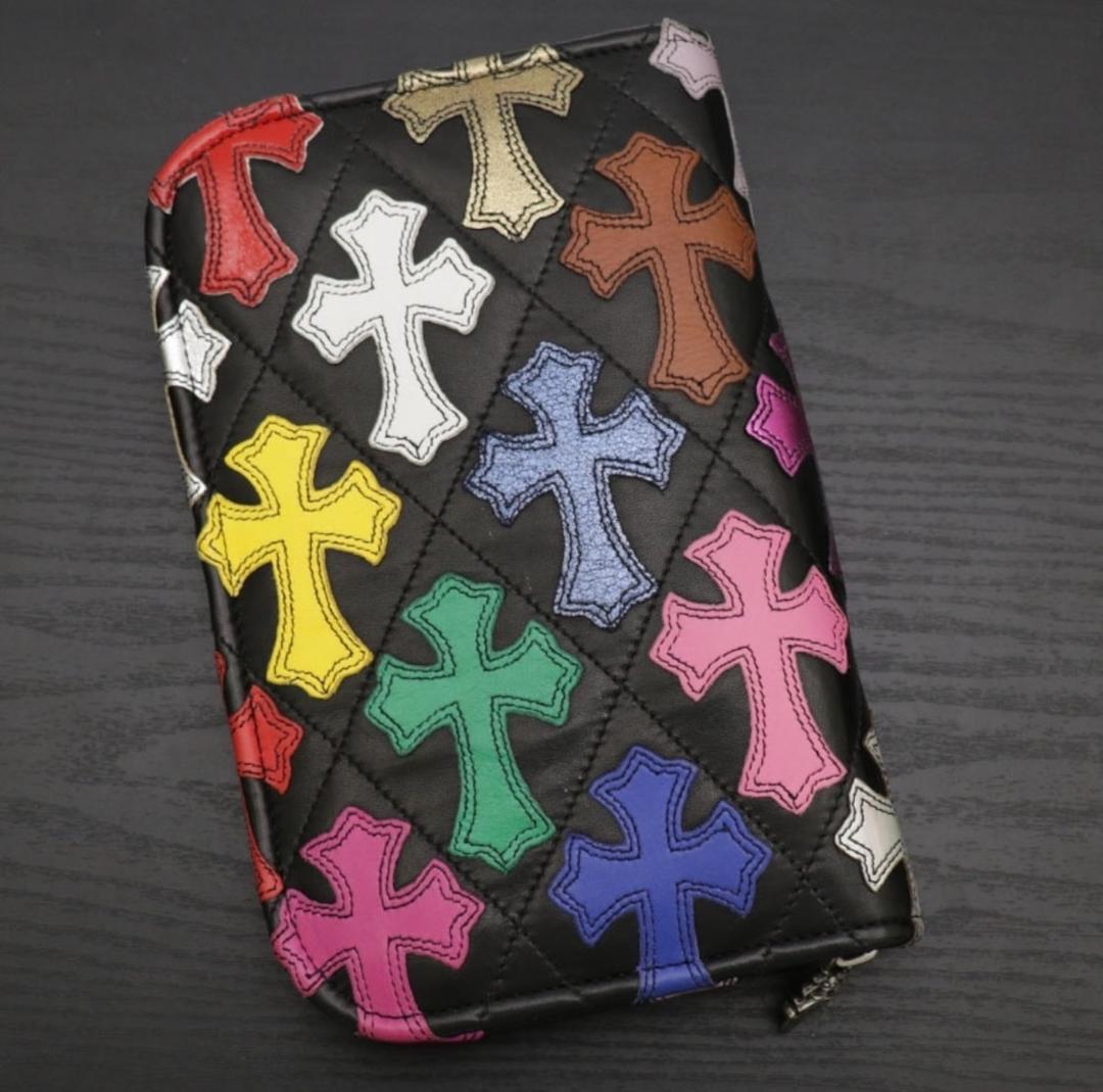 CHROME HEARTS クロムハーツ セメタリークロス オーガナイザー ラウンドファスナー レザーウォレット トラベルケース キルト マルチカラー | chromehearts