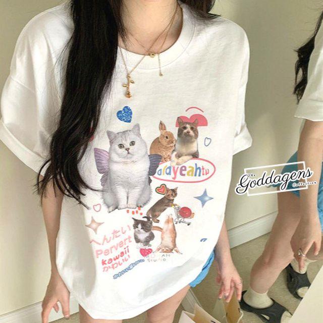 [23신상|루즈핏냥이티셔츠] 러블리한 고양이 프린팅 흰티 고양이티셔츠 스타일리쉬한 여성 반팔 박스티 오버핏 루즈핏 면 데일리 여름 티셔츠