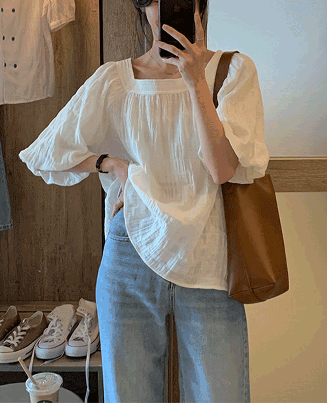 *당일발송(3XL)*[~4XL/빅사이즈코디]스퀘어넥 린넨블라우스 7부소매 벌룬 반팔 티셔츠 세미크롭 오버핏 루즈핏셔츠 쉬폰블라우스 반팔 티셔츠 빅사이즈 여름코디