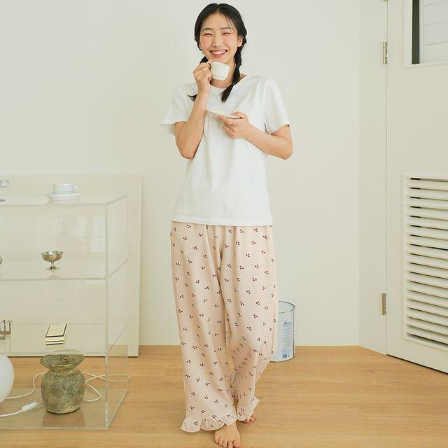 파란 여성용 프릴 9부 주머니 파자마 바지