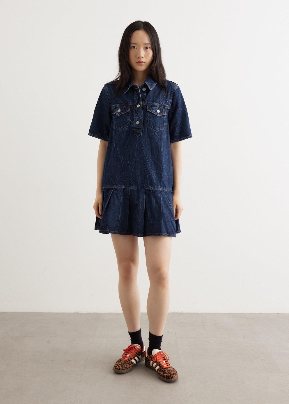 Crinkled Future Denim Mini Dress - Mid Blue Stone 566 / 34