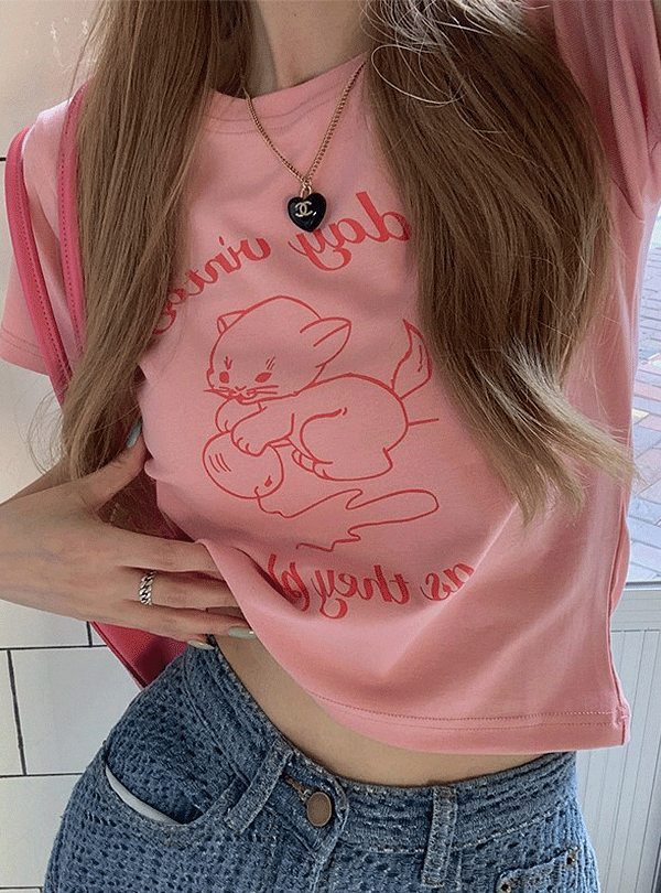 릿스튜디오 [핑크/화이트]빈티지 캣 프린팅 크롭티