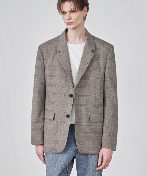 오버사이즈 미니멀 체크 블레이저 [BEIGE]
