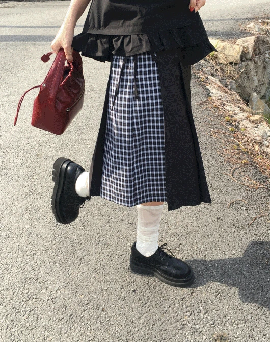 까미 리본 체크 플리츠 미디 스커트 (2color)