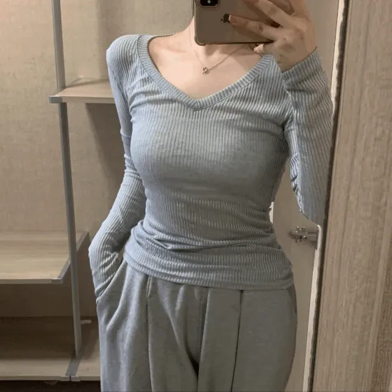 *당일*[-3kg깡말라핏]몸에 착붙 후들 슬림핏 브이넥 여름 긴팔 티셔츠