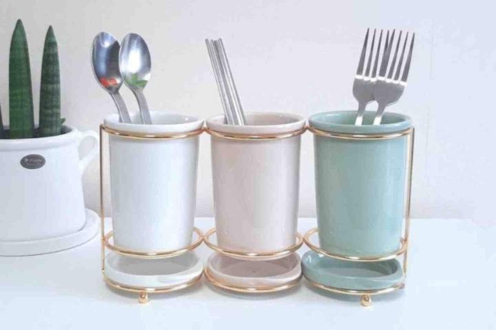 파스텔 도자기 물빠짐 3구 수저통