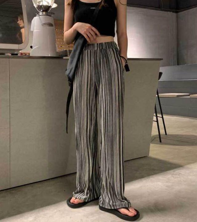 [바로배송]썸머 교복템 여성 봄 여름 플리츠팬츠 주름 와이드핏 오버핏 롱 팬츠 스트라이프 로크밴딩PT