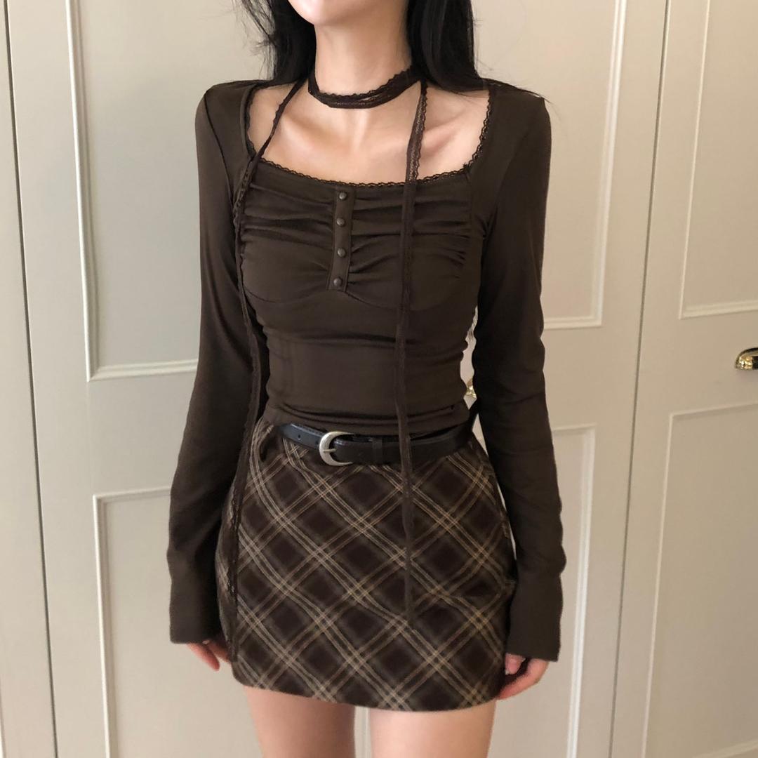 더멋 [초커세트!핏보장]셔링 스퀘어넥 콩단추 스판 긴팔티셔츠