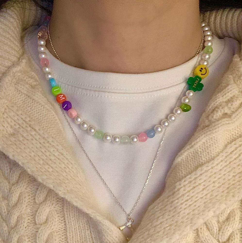 (키치앤피피) lucky 스마일 이니셜 목걸이(장원영,오하영님 착용)