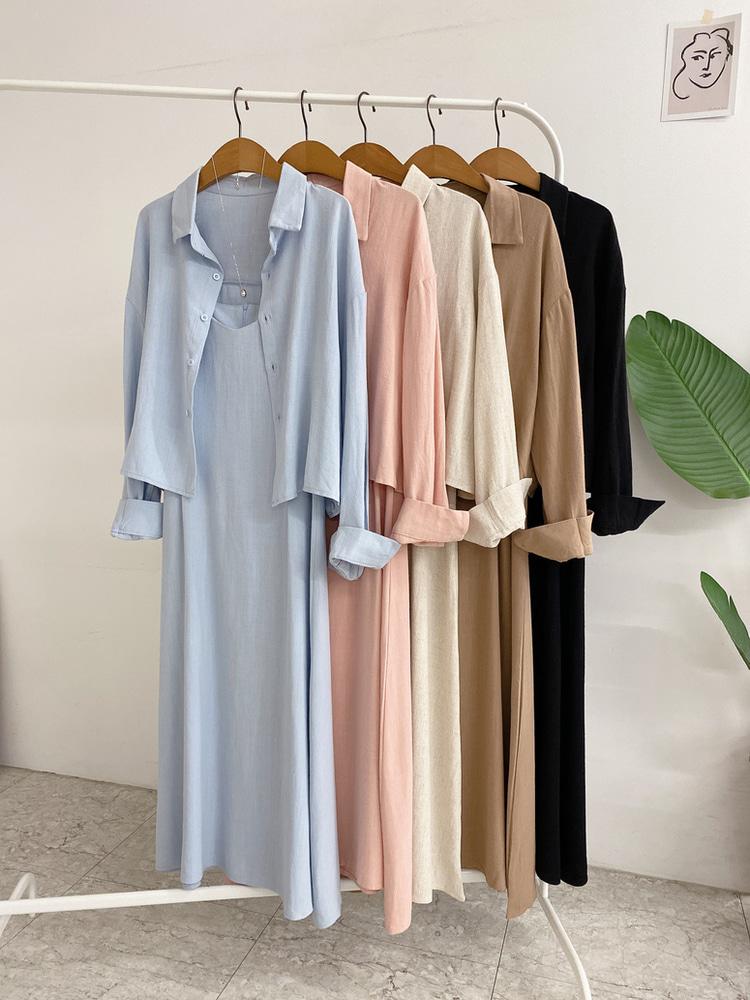 허니제이 [세트] 쿠른 린넨 셔츠 끈조절 나시 롱 원피스(5color)