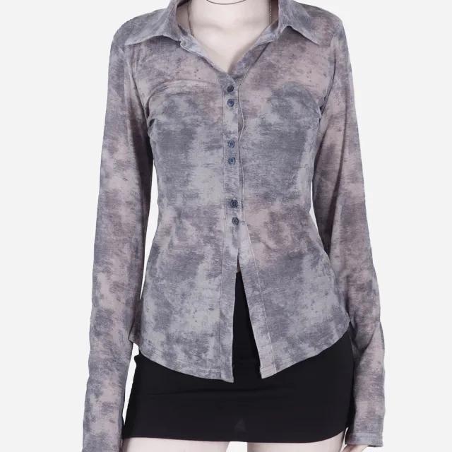 타이다이 나염 절개 시스루 투버튼 셔츠