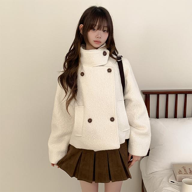 피치모드 [겨울코트/누빔안감🤎] 힐라트 하이넥 부클 더블 버튼 숏코트 자켓 (3color)
