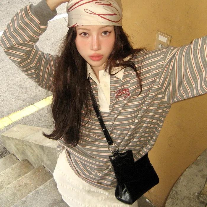 Gemini Stripe Collar Tee-Grey
