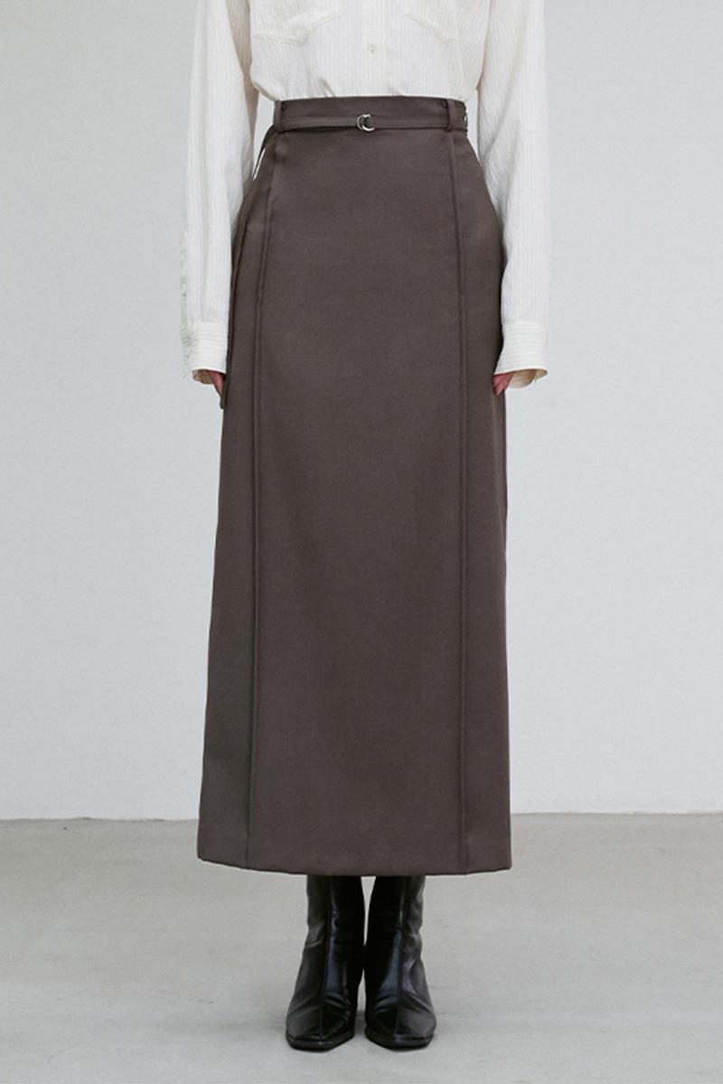 WOOL BLEND SEAMED MIDI SKIRT OLIVE BROWN