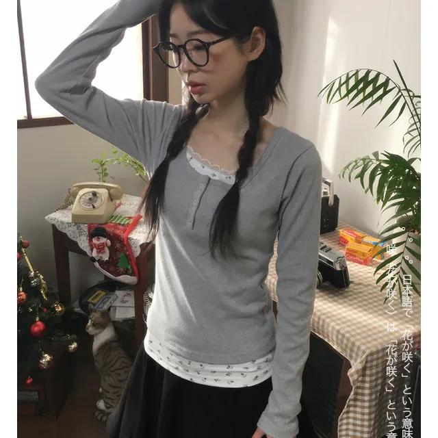 [일체형🤍] 레이스 이중 레이어드 긴팔 티셔츠