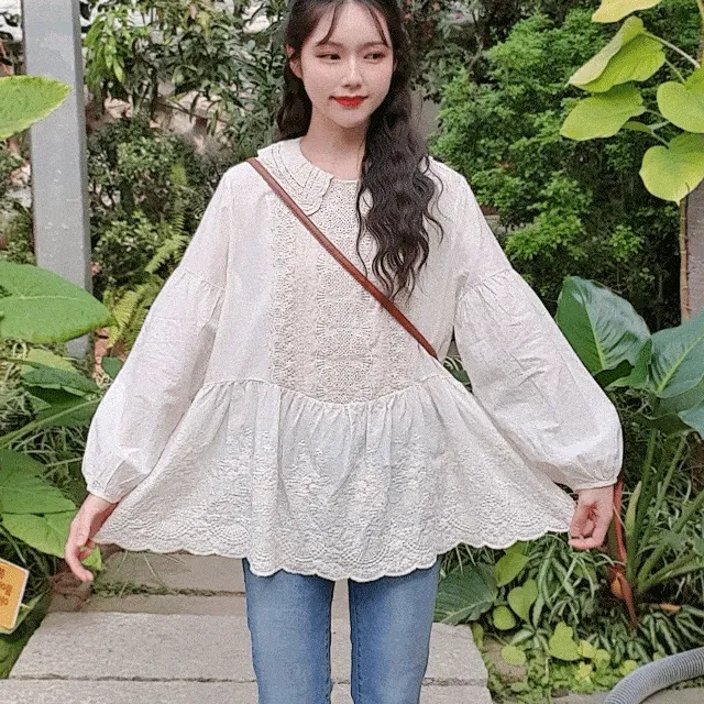 (빅사이즈) 델라 레이스 블라우스 자수 퍼프 벌룬