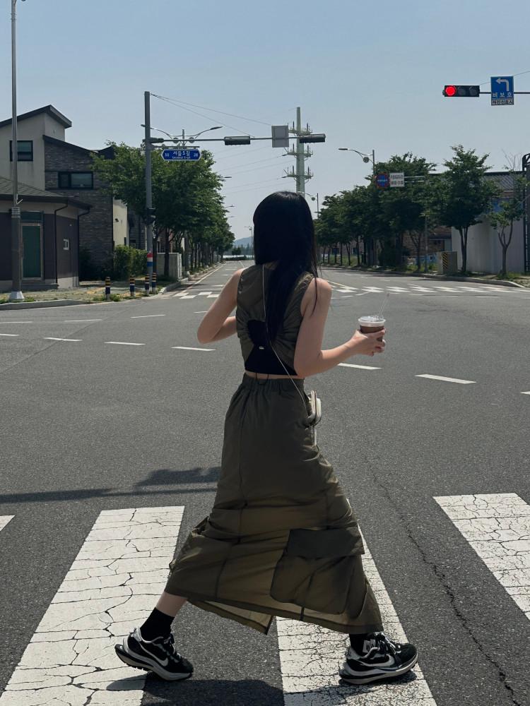 여름 여자 나일론 밴딩 카고 미디 롱 스커트