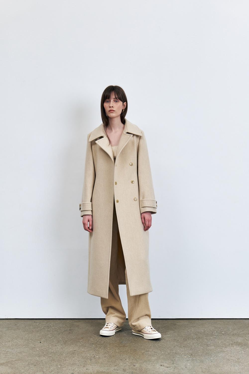 Double Breast Slim Wool Coat with Leather Belt, Light Yellow
