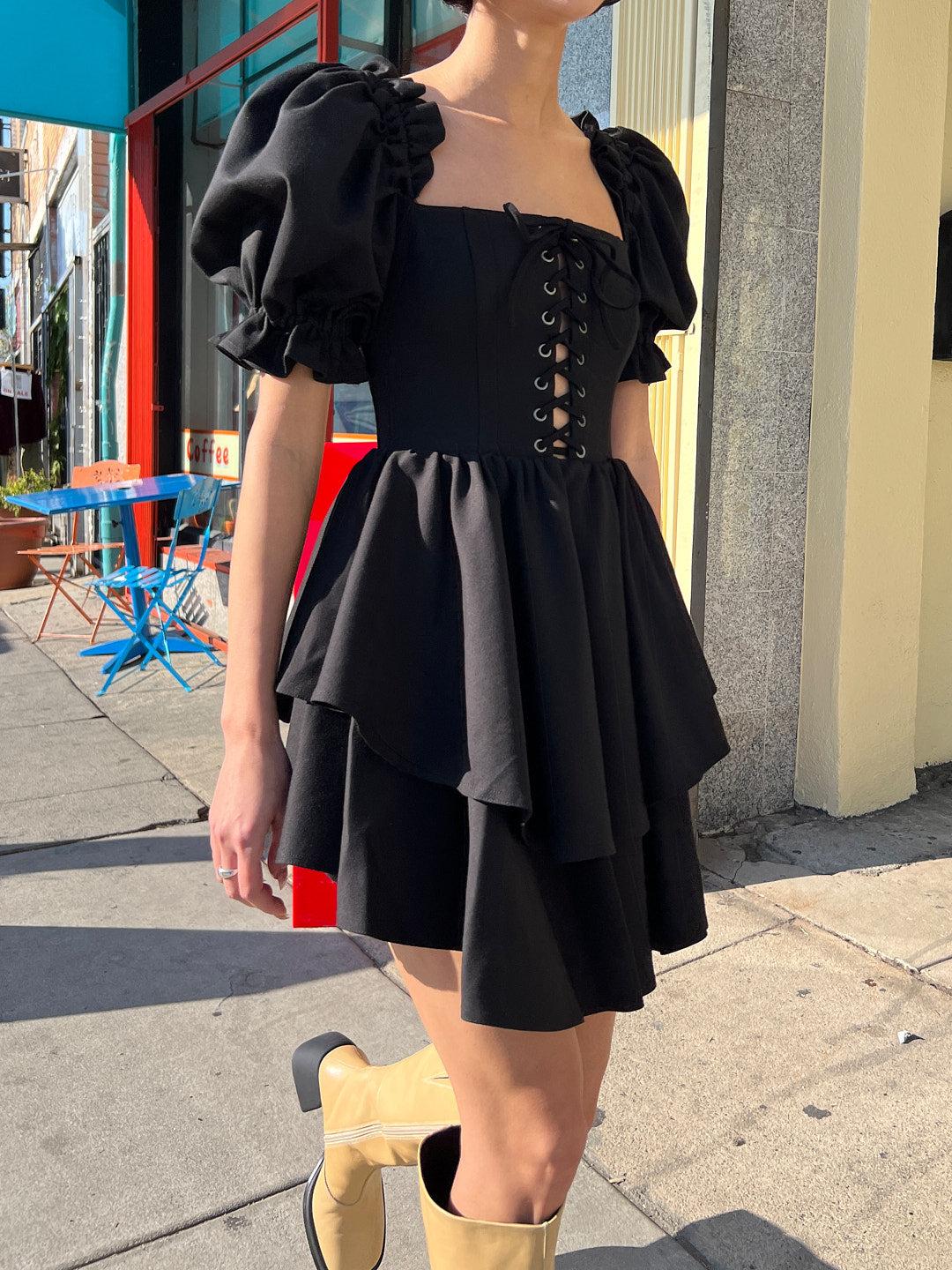 The Lace Up Party Dress - Caviar - Caviar / XS