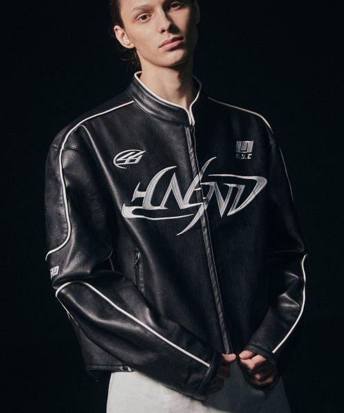 Leather ver. Tribal Logo Racing Jacket - Black