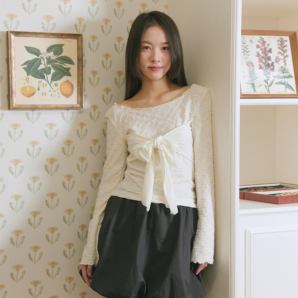 RIBBON OFF SHOULDER T-SHIRT (CREAM)