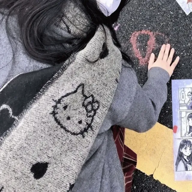 [당일출고/신상할인]키티 목도리 양면 머플러 블랙 그레이 겨울 생일선물 친구선물 산리