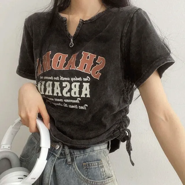 y2k 고스 나염 셔링 크롭 반팔티