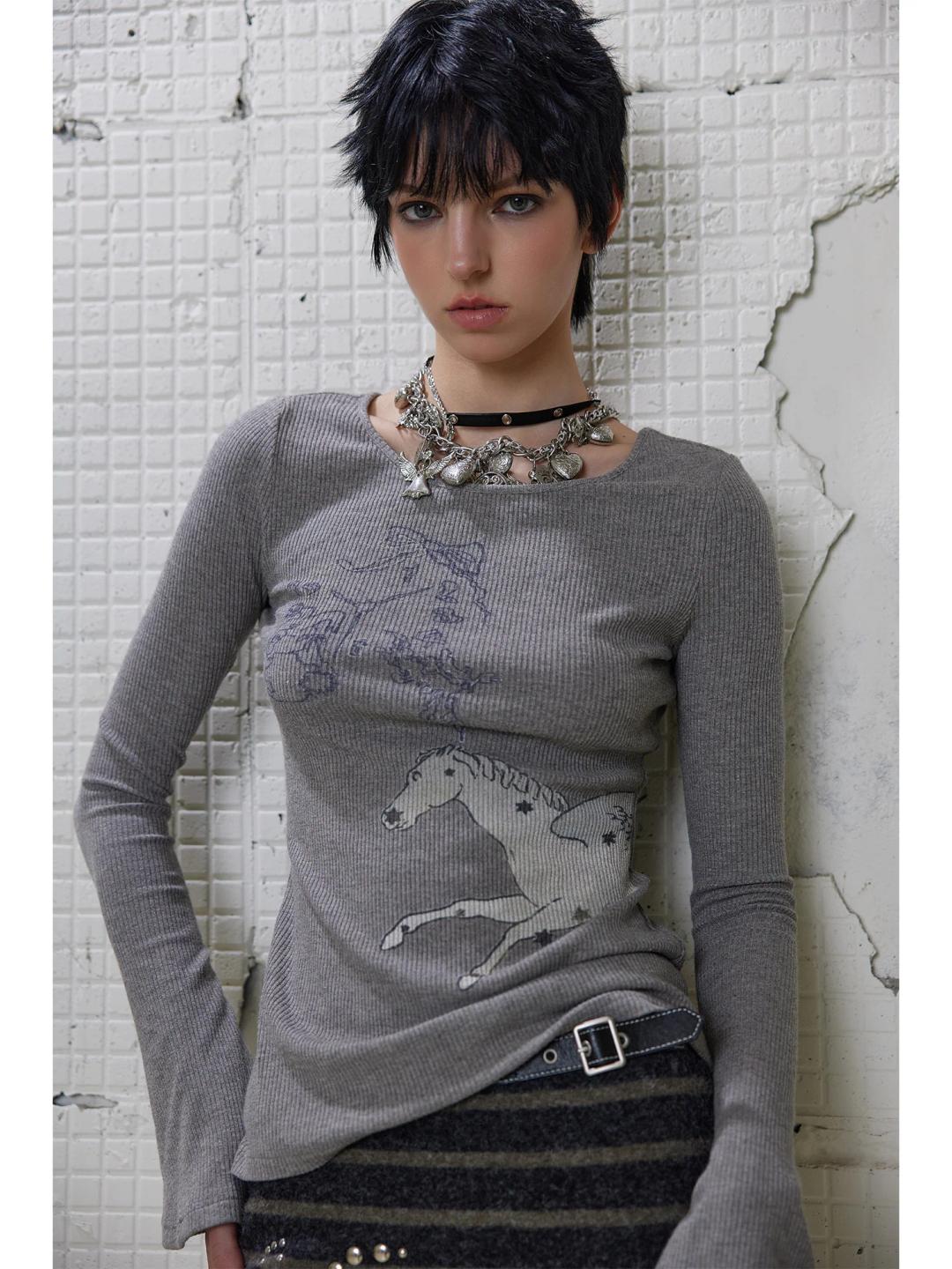 [G0065]Pony Printed Round-neck Long-sleeved T-shirt