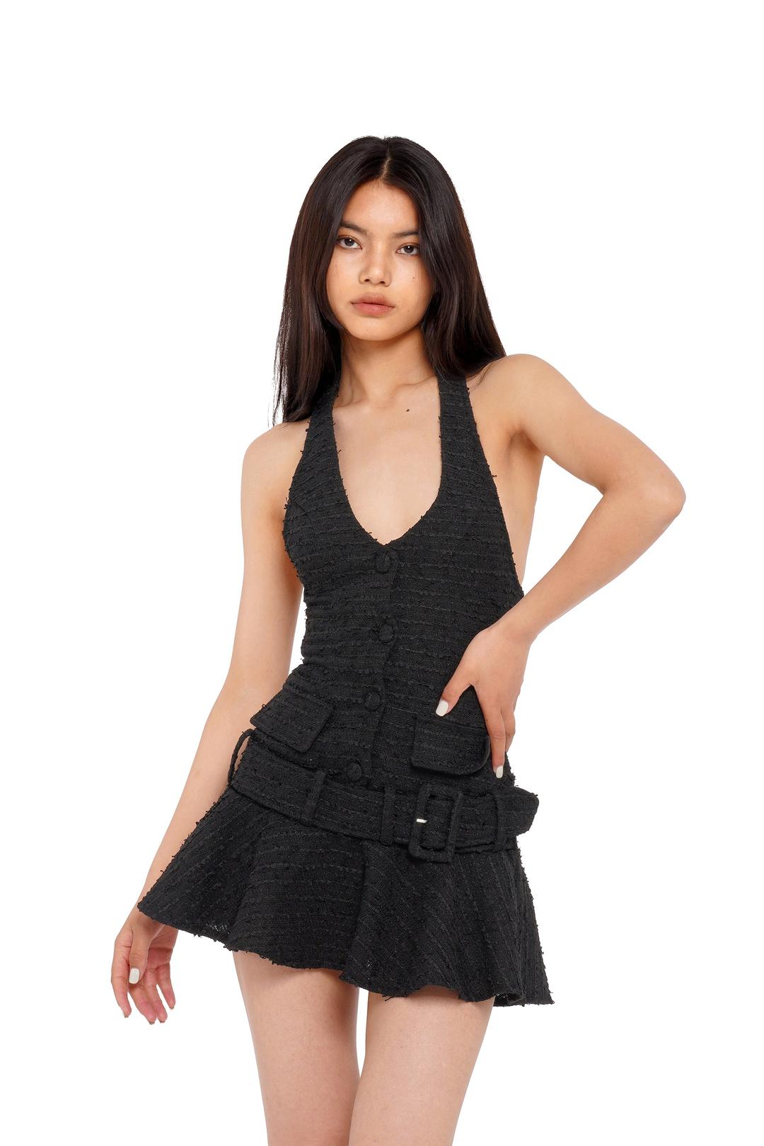 TEXTURED HALTER NECK PLEATED MINI DRESS - Black / XS
