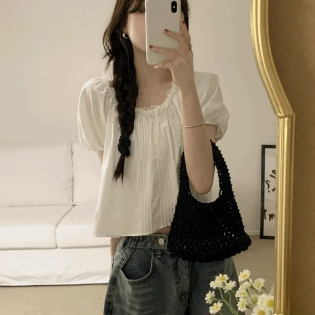 고야 핀턱 레이스 크롭 블라우스(2color)