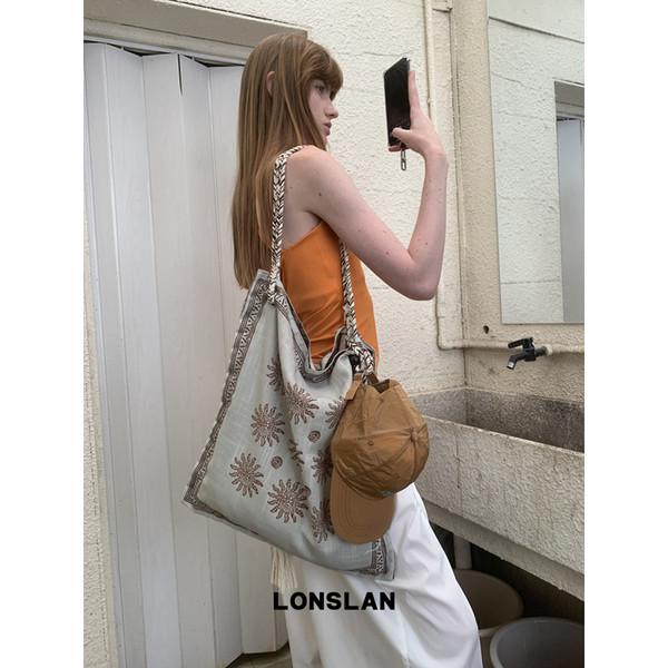 LONSLAN High-Capacity Handmade Cotton Braided Shoulder Bag