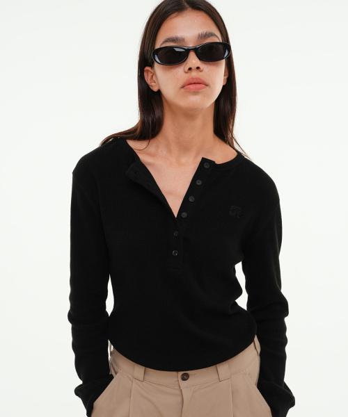 CENTAUR WAFFLE HENLEY NECK LONG SLEEVE_BLACK