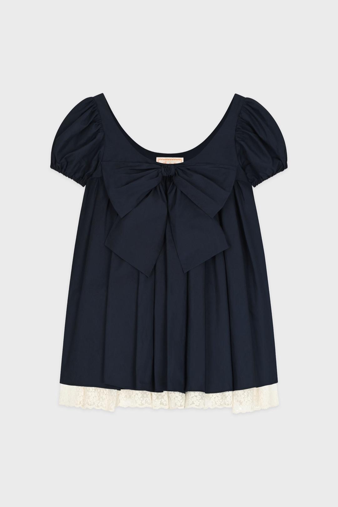 Big Bow Puff Lace Dress (Navy)