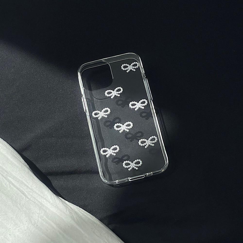 diagnoal ribbon beads case : 사선 리본 진주 핸드메이드 아이폰12 케이스 , 사인코사인