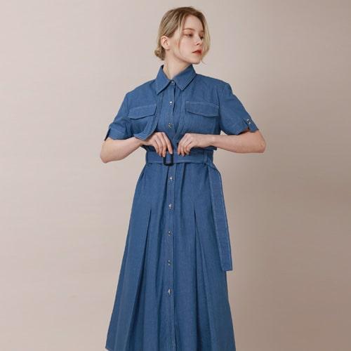 [OUTLET] [분더가이스트] 언발란스 커프스 반팔 셔츠 데님 롱원피스 (연청)
