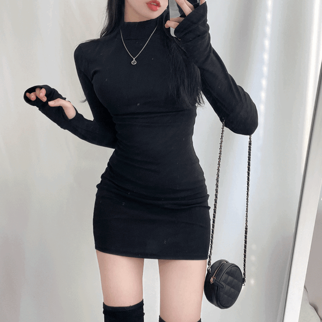 [핏보장!! 연말/파티룩!] 데이인 기모 워머 스판 반폴라 원피스 (3color)