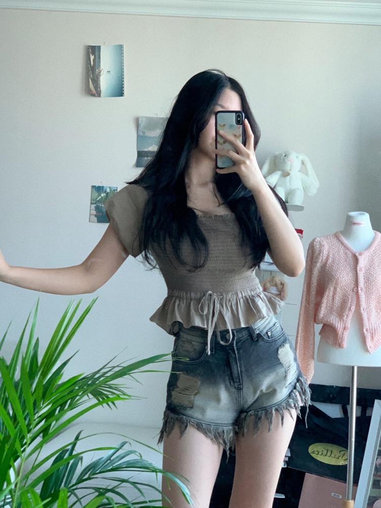 [중고] 392. Brown Ribbon Blouse 🍩