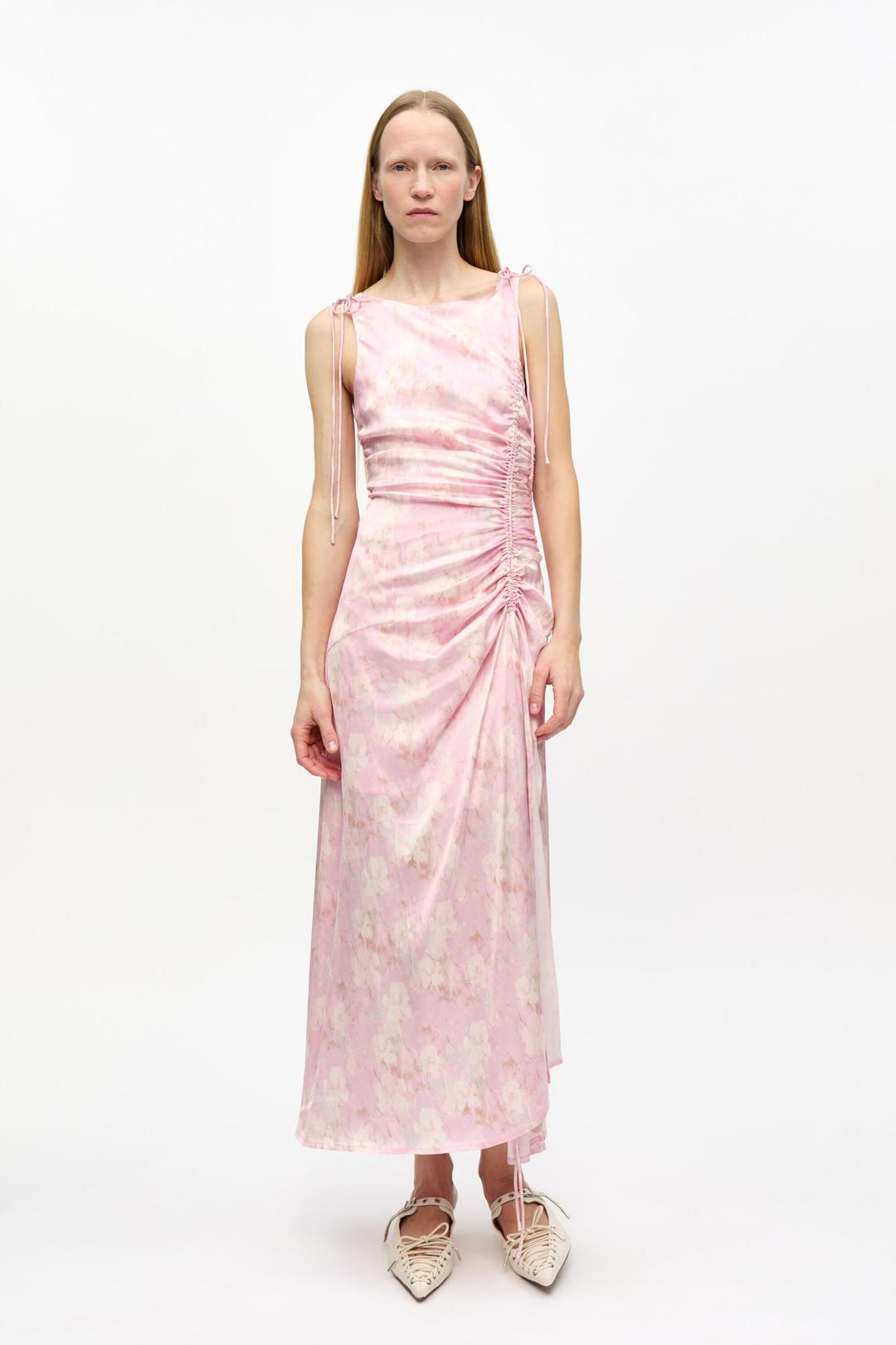 Pink Printed Satin Gathered Dress