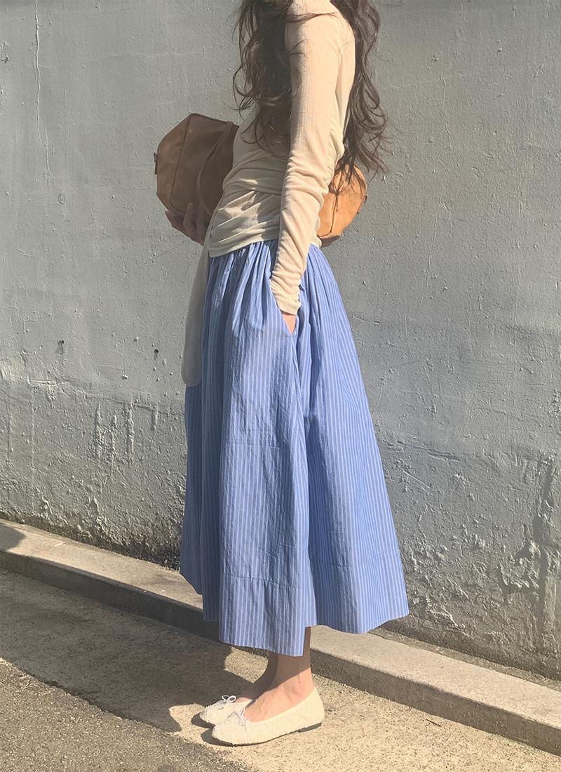 위드블룸 PREFRITT : Ocean linen stripe flare long skirt