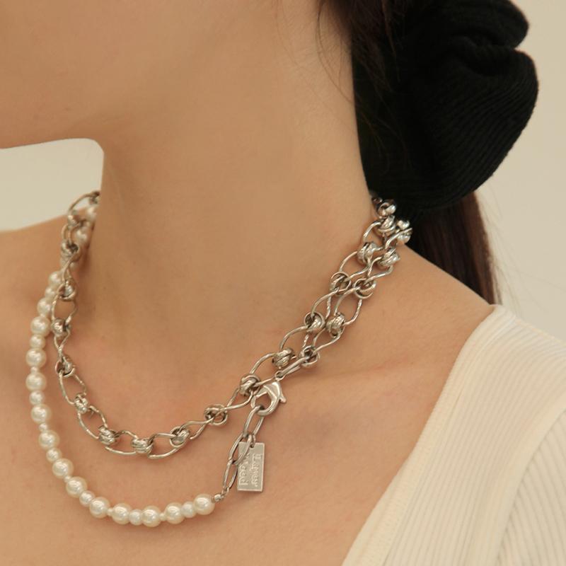 타이 링 체인 진주 롱 목걸이-실버