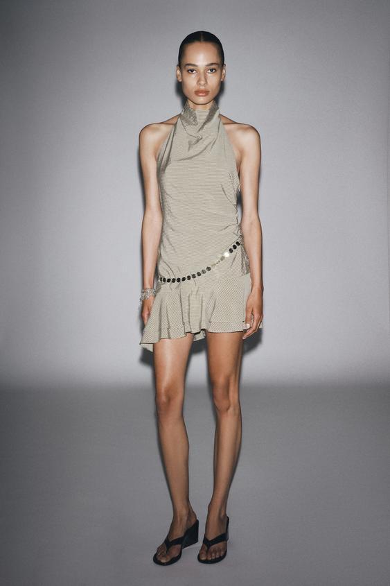 홀터넥 스트라이프 벨트 미니 원피스